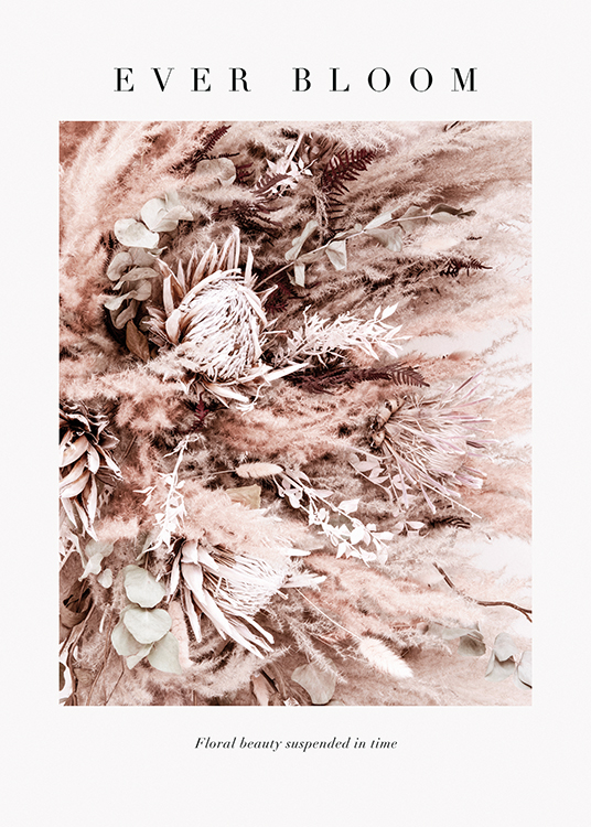  – Photograph of a pink flower bouquet with dried flowers and grass and text at the top and bottom