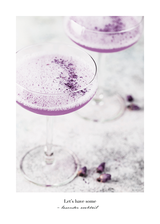  – Photograph of purple cocktails with black text at the bottom