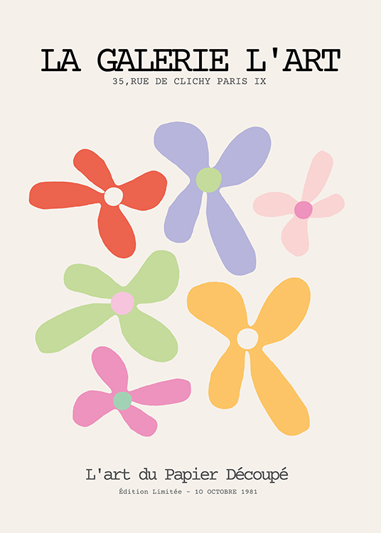  – Graphic illustration of flowers in bright colors on a light beige background