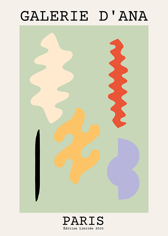  – Graphic illustration of abstract ruffled shapes in various colors on a green and beige background
