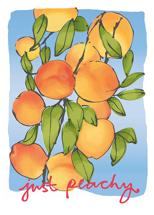  – Illustration of a orange peaches with green leaves against a blue background with text underneath
