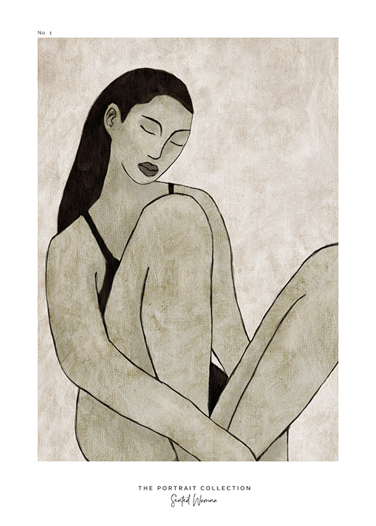  – Illustration in grey scale of a woman sitting with her legs up against a beige background