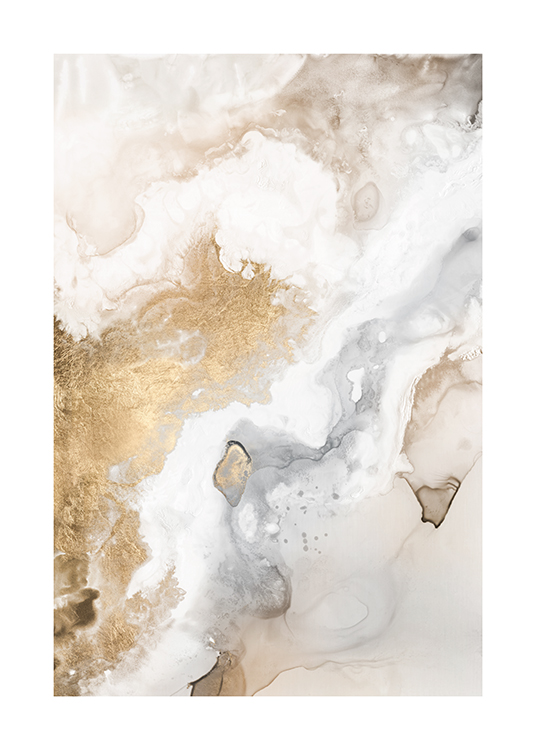  – Abstract painting in white, beige and gold with flowing colors