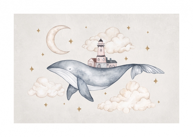  – Illustration of a blue whale in front of a castle, surrounded by clouds, sparkles and a moon