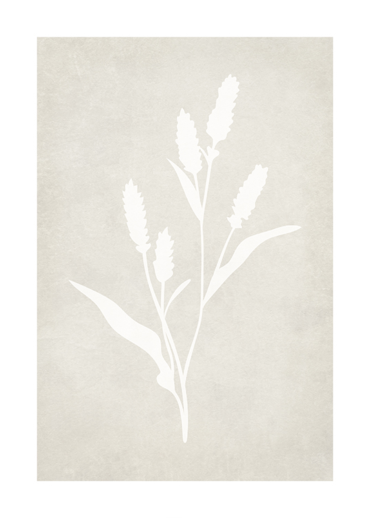 – Illustration with lavender silhouettes in white against a beige, structure background