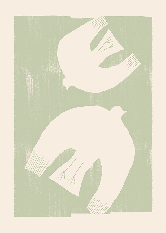  – Illustration with abstract birds in light beige against a textured background in green