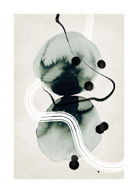  – Illustration with abstract circles in ink and a white swirl against a beige background