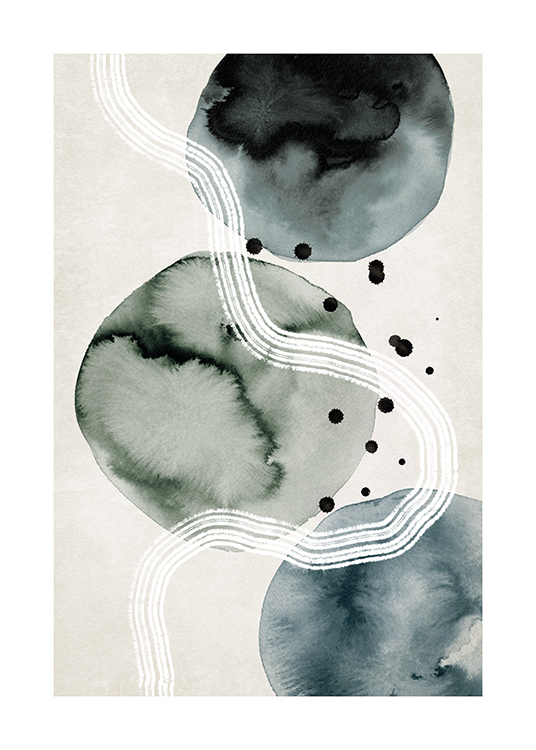  – Illustration with circles painted with ink and a white swirl against a background in beige