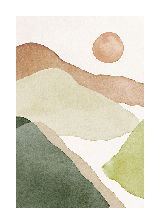  – Illustration in watercolor of a mountain landscape in green and beige