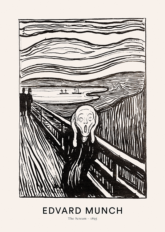  – Illustration in black of a screaming person in front of a landscape, on a beige background