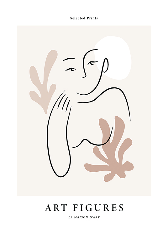  – Illustration with an abstract woman in line art and beige leaves and a white circle on a light background