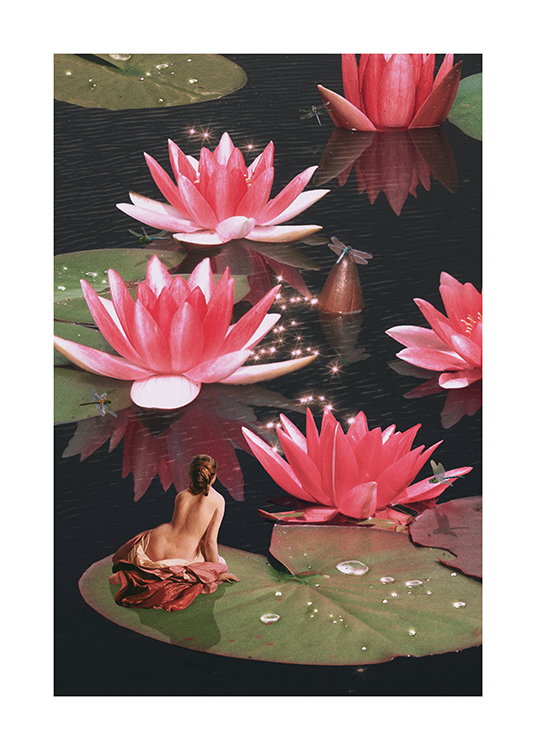  – Illustration with pink water lilies floating in glimmering water and a woman sitting on a water lily leaf