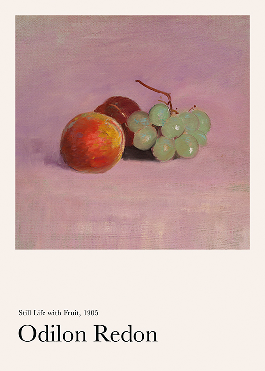  – Painting of apples and grapes on a pink background and black text underneath