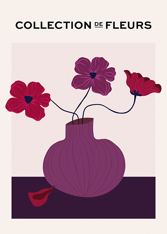  – Graphic illustration with purple and red flowers in a purple vase on a beige background