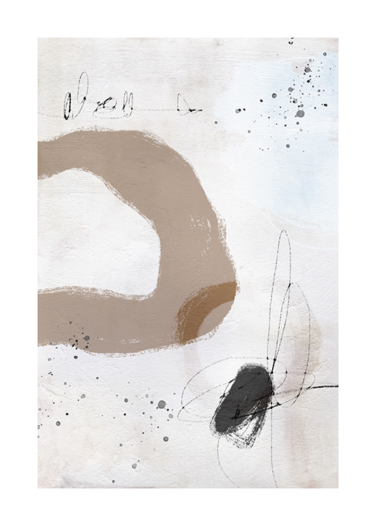  – Painting with abstract paint splatter and shapes in grey and beige on a light grey background