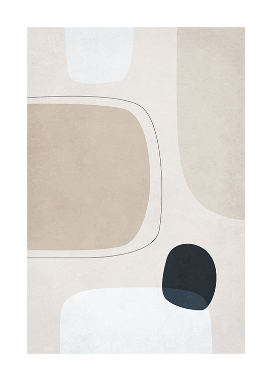  – Graphic illustration with light grey, beige and black abstract shapes on a light beige background