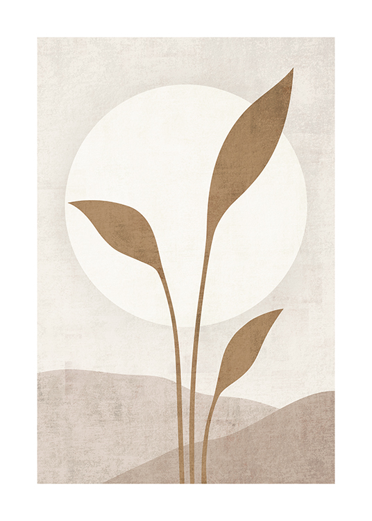  – Illustration with a white sun behind beige leaves, against a beige background