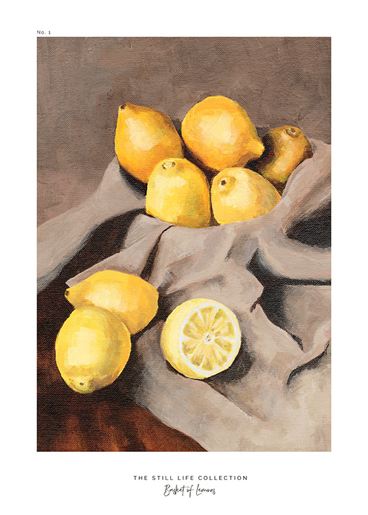  – A painting of a bundle of lemons laying on a grey-beige piece of fabric
