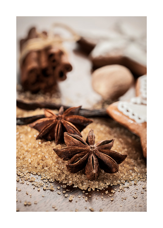  – Photograph of cinnamon sticks and star anis laying on brown sugar