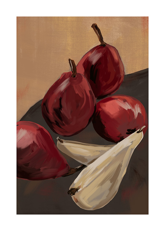  – Illustration with hand painted pears in beige and dark red on a beige and brown background