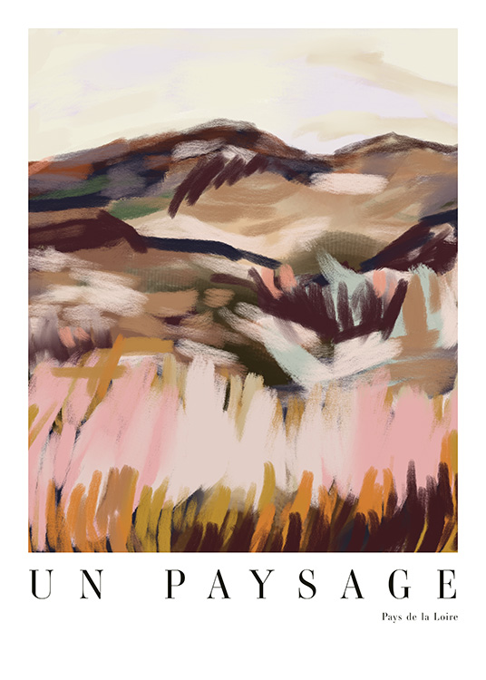 – Abstract painting of a landscape in various shades of brown and pink, and text at the bottom