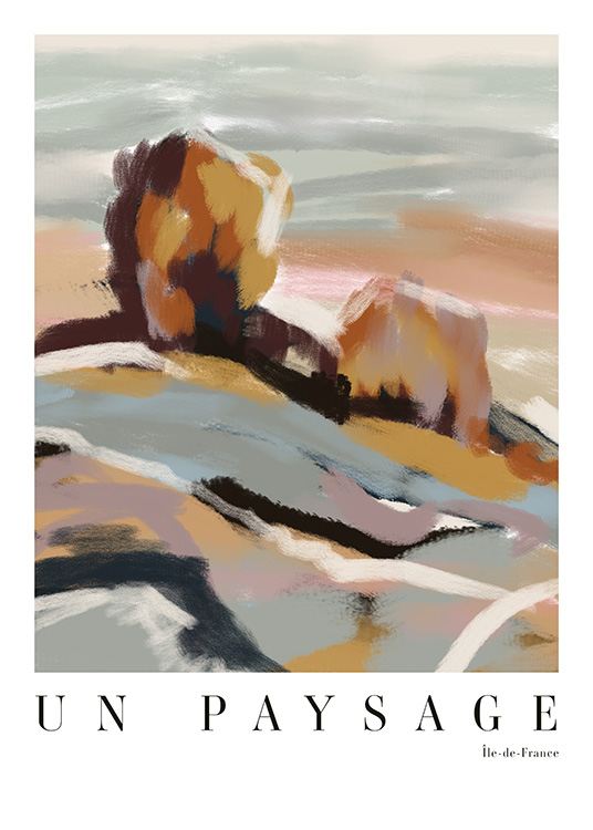  – Abstract landscape painting in shades of beige, grey, pink and white and text at the bottom