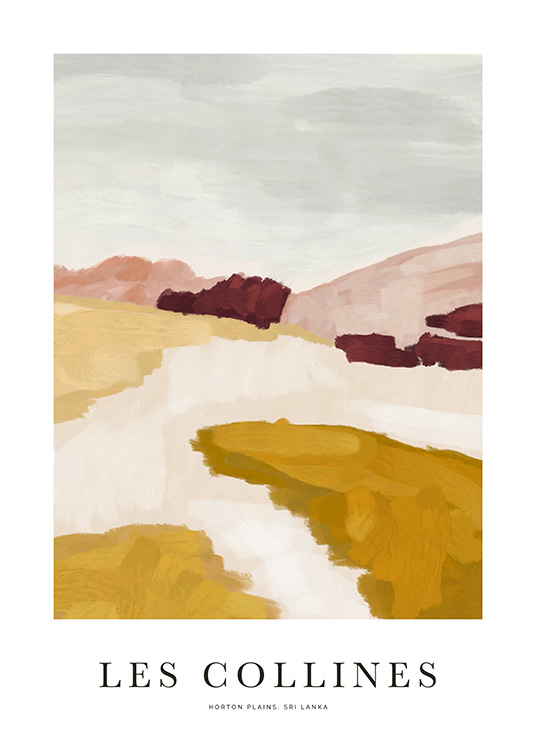  – Painting of an abstract landscape in yellow, pink and beige and text underneath