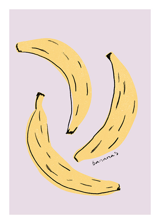  – Illustration with three bananas in yellow against a purple background and black text