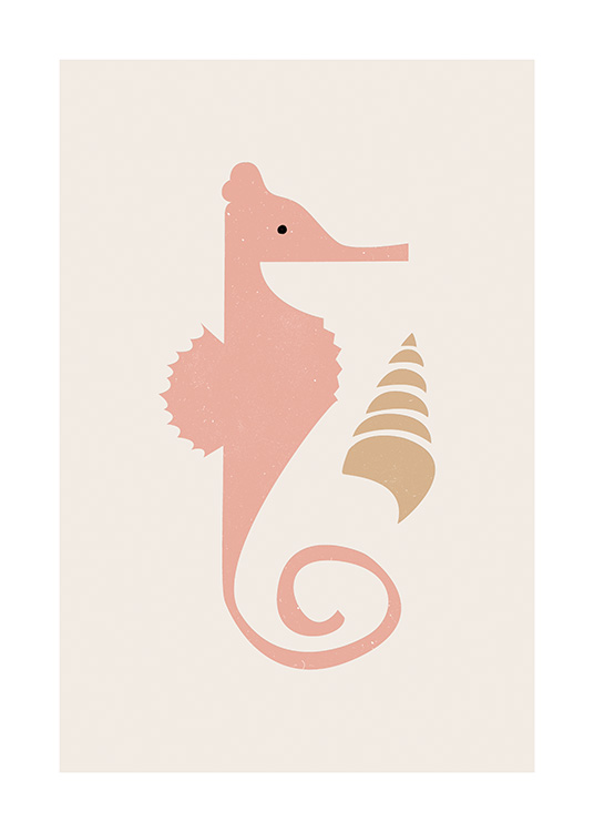  – Graphic illustration of a beige seashell and pink seahorse on a light beige background