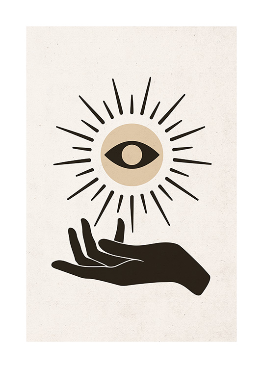 – Graphic illustration with a sun with an eye in the middle and a black hand underneath it
