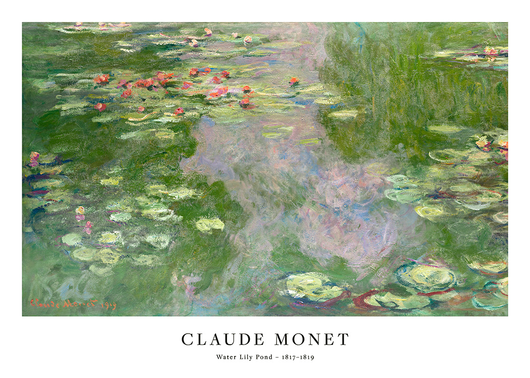  – Painting by Monet with water lilies and leaves floating in a pond
