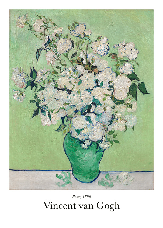  – Painting of white roses in a large bouquet, standing in a green vase against a green background