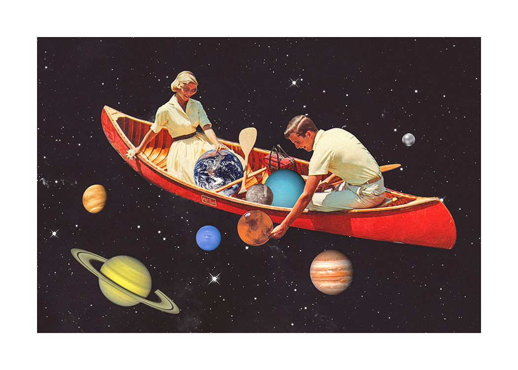  – Illustration of a woman and a man in a red canoe, surrounded by planets in space