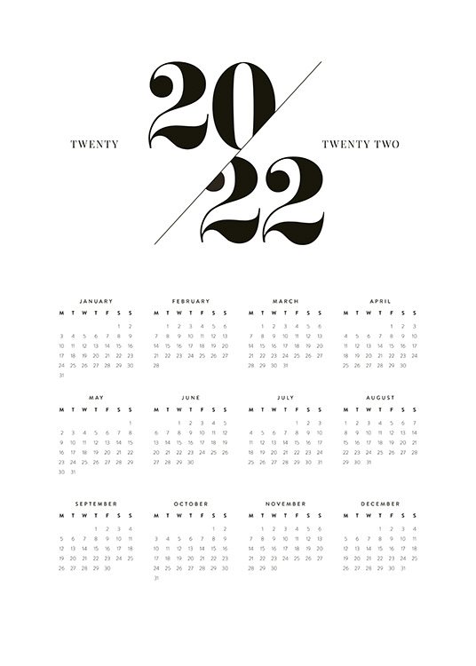  – Yearly calendar for 2022 with months and dates in black text against a white background