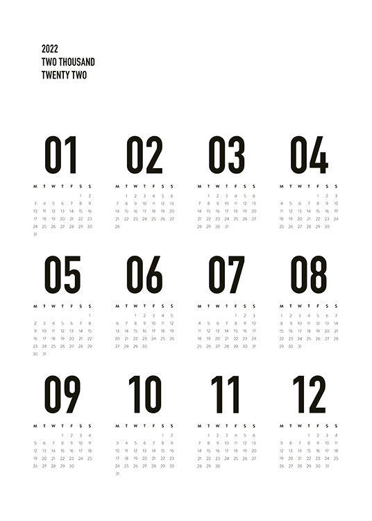  – 2022 calendar with a yearly overview, with text in black on a white background