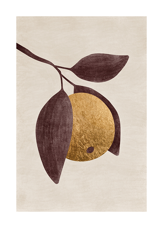 – A graphic illustration of a lemon in gold and some brown leaves, on a beige background