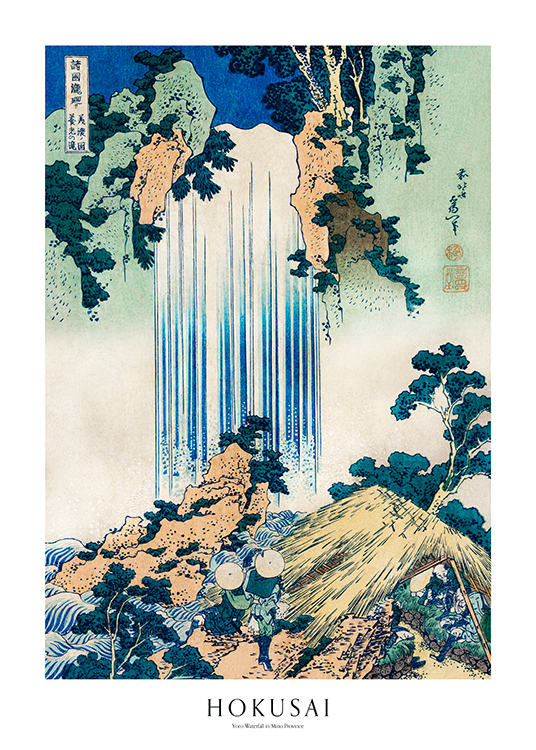 – A painting by Hokusai of a blue waterfall in an abstract landscape, and text underneath
