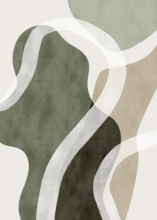 – Painting with abstract shapes in beige and green and lines against a light beige background