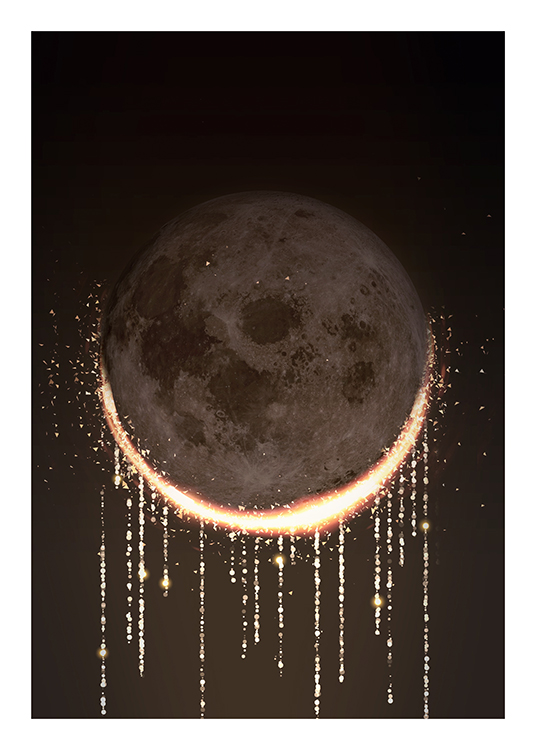 – Illustration of a lunar eclipse with gold raining down from the bottom of the moon