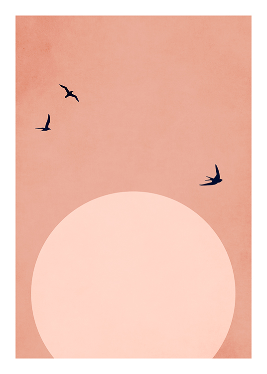 – Graphic illustration with a light pink moon and pink sky behind flying birds