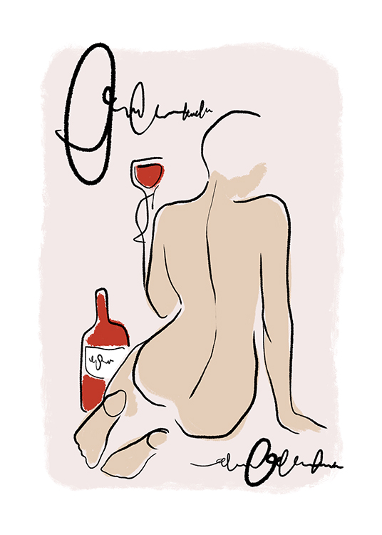 – Graphic illustration of a naked woman on her knees, holding a glass of wine against a pink background