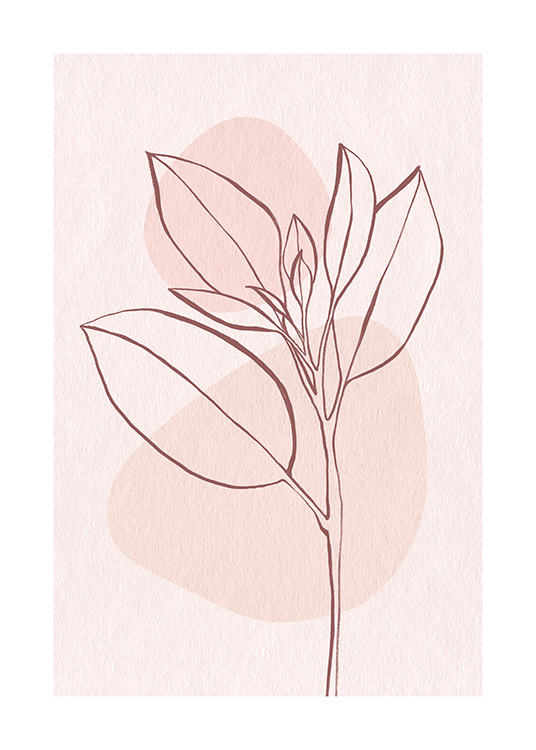 – Line art illustration of a pink leaf against a background in pink with two circles