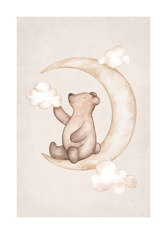 – Illustration in watercolour with a smiling bear sitting on a moon with clouds around it