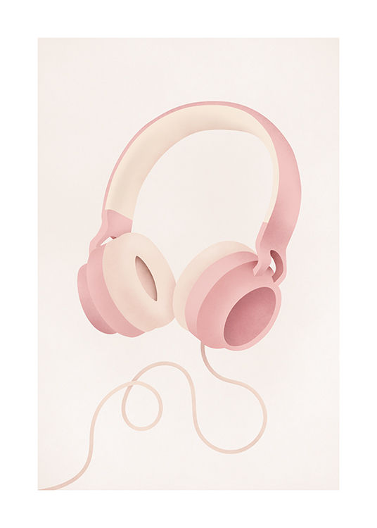 – Illustration of pink headphones with a cord, against a background in light beige