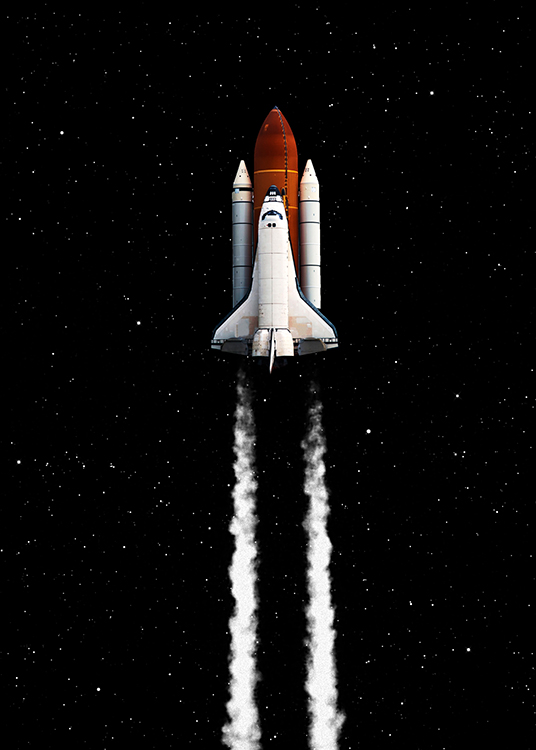 – Illustration of a white and red space shuttle being launched into space
