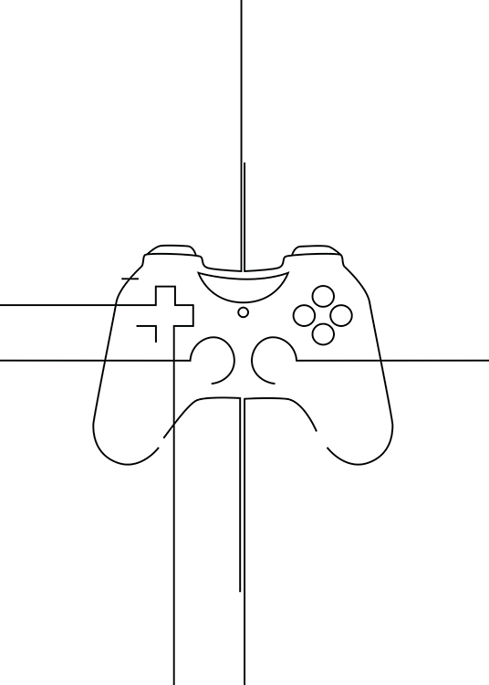 – Illustration of a game controller in black lines against a white background