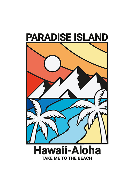 – Graphic illustration of a Hawaiian paradise island with palm trees and mountains