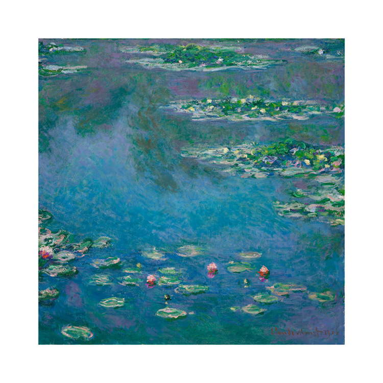  – Painting of a lake with water lilies in the water, against a beige background