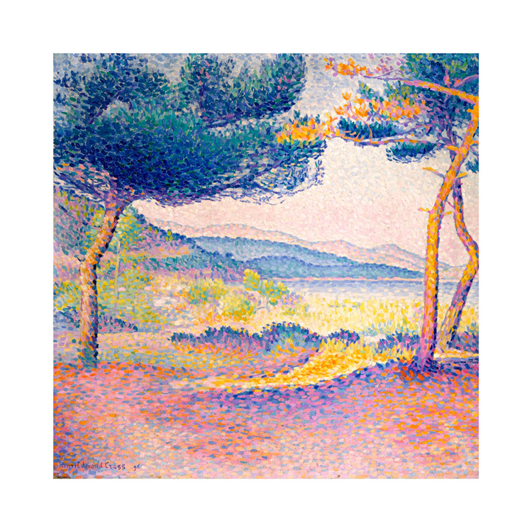  – Painting of a colourful, abstract landscape with pine trees in front of a shore