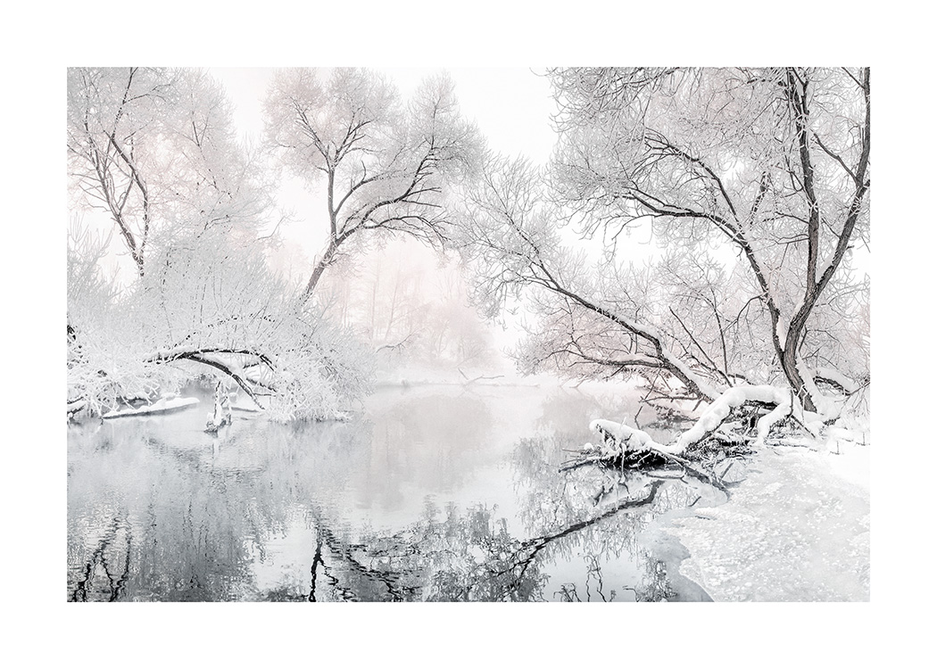 – A photograph of a frozen lake among a snowy forest in a landscape format